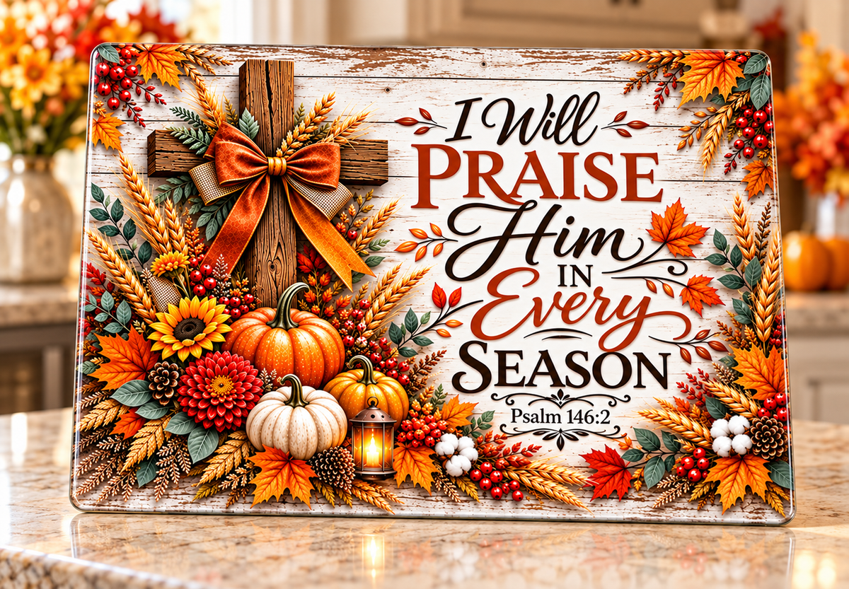 “I Will Praise Him in Every Season” Glass Cutting Board