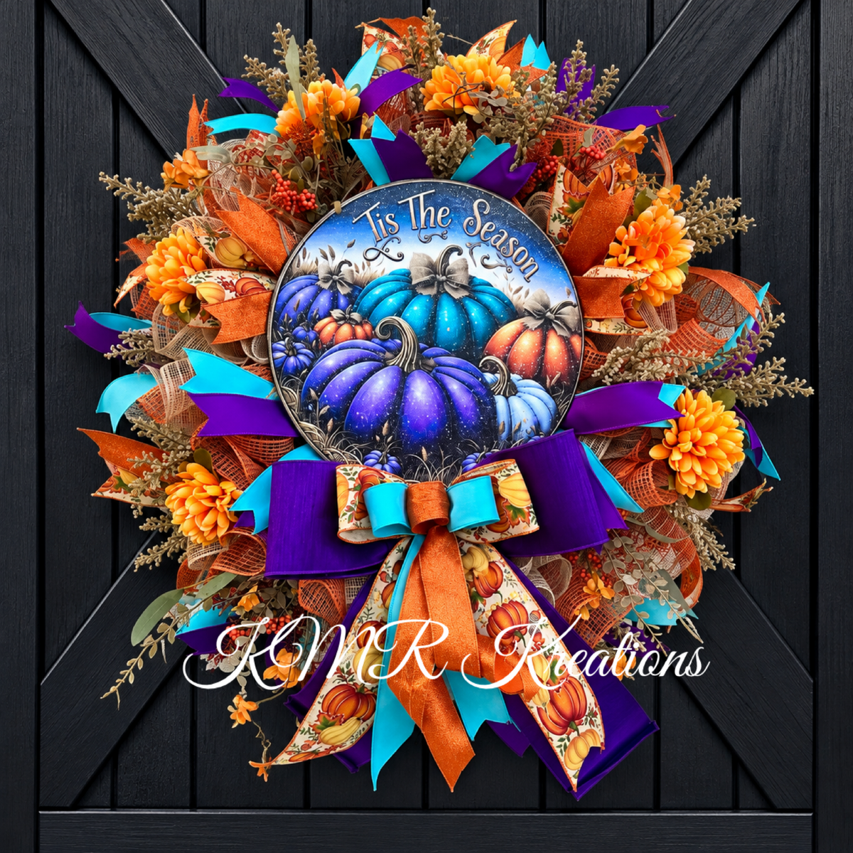 ’Tis The Season Fall Wreath | Purple, Turquoise & Orange Pumpkin Front Door Wreath