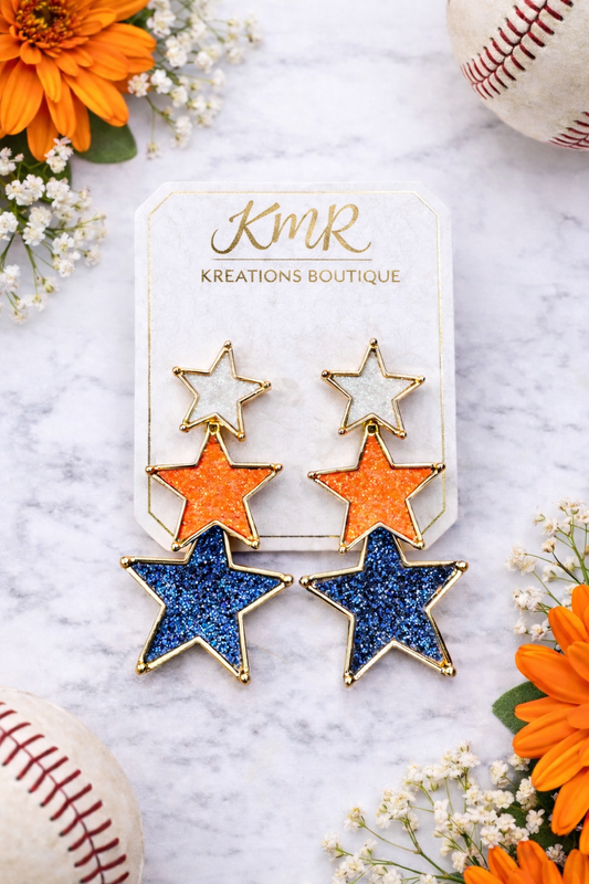 Astros Inspired Triple Star Dangle Earrings