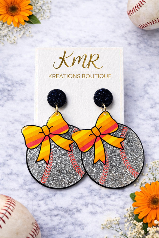 Astros Inspired Baseball Bow Dangle Earrings