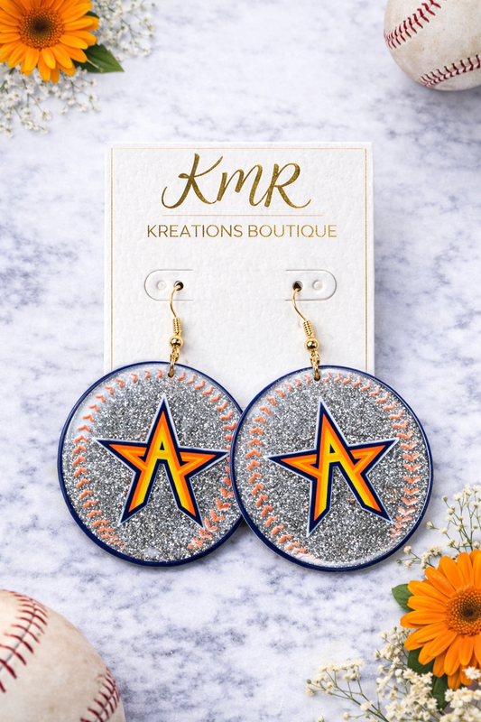 Astros Inspired Glitter Baseball Star Earrings