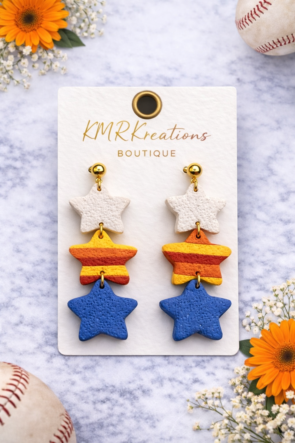 ⭐ Astros Mini Triple Star Clay Earrings – Lightweight Dangles