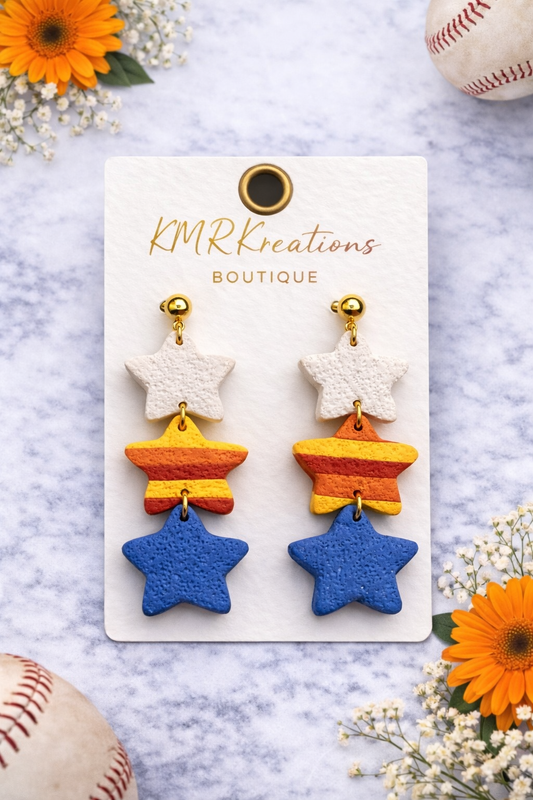 ⭐ Astros Mini Triple Star Clay Earrings – Lightweight Dangles