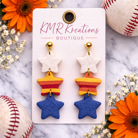 ⚾ Astros Inspired Triple Star Clay Earrings – Game Day Statement Dangles