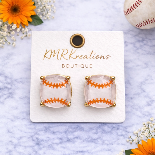 Baseball Stud Earrings – Gold Trim Square Game Day Earrings