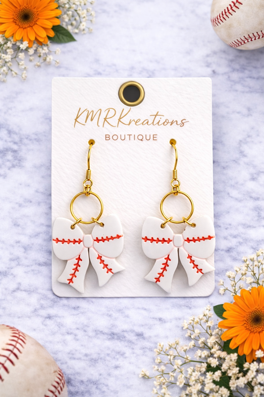 ⚾🎀 Baseball Bow Dangle Earrings