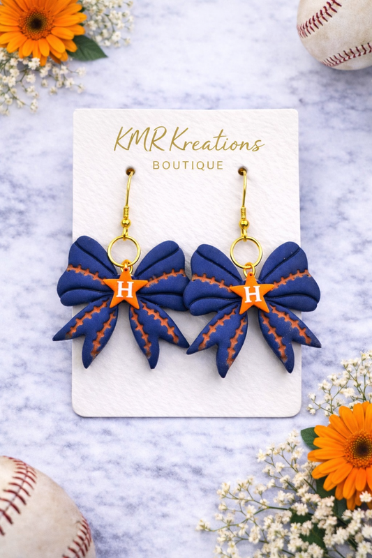 Astros Baseball Bow Dangle Earrings 🧡⚾