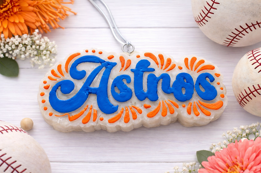 Astros Script Car Freshie – Blue & Orange | Strawberry Leather Scent