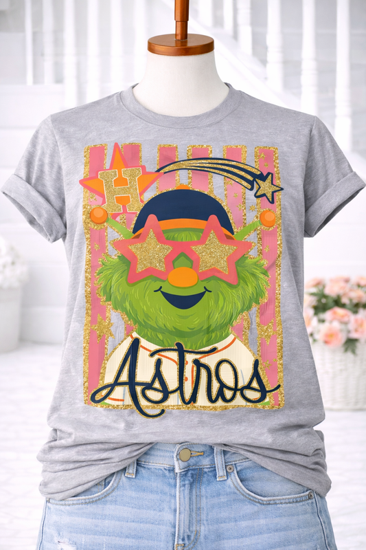Astros Glam Mascot Tee – Houston Baseball Sparkle Shirt (Gray)