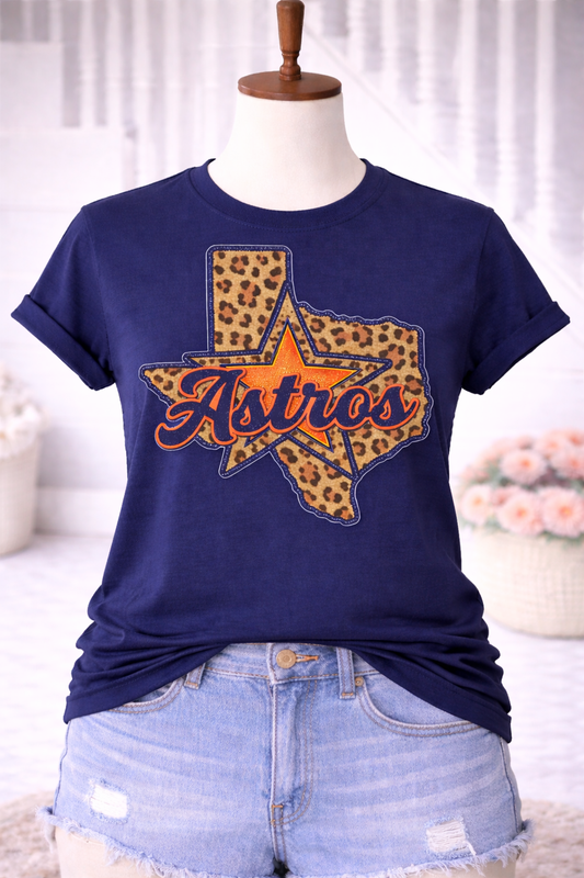 Houston Astros Leopard Texas Tee | Navy Blue Astros Shirt | Game Day Baseball Shirt | Boutique Astros Graphic Tee