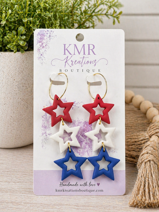 Patriotic Cutout Star Hoop Earrings – Red, White & Blue Clay | Lightweight Statement Earrings