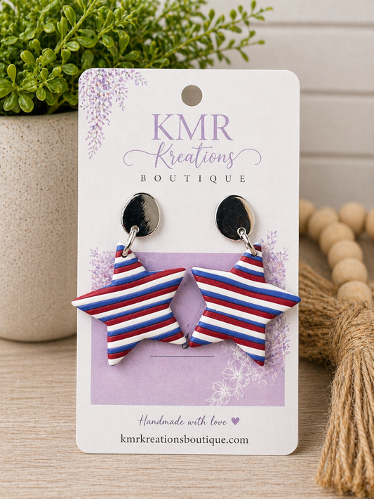 Patriotic Striped Star Earrings – Red, White & Blue Clay | Lightweight Statement Earrings