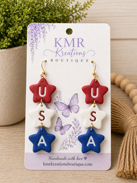 USA Star Dangle Earrings – Glitter Accent Patriotic Clay Earrings | Red, White & Blue Handmade Jewelry