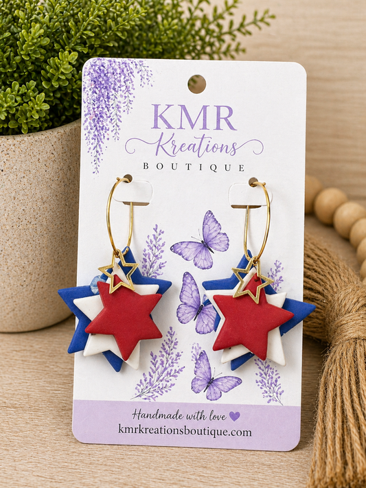 Patriotic Star Hoop Earrings – Red, White & Blue Layered Stars | Handmade Statement Hoops