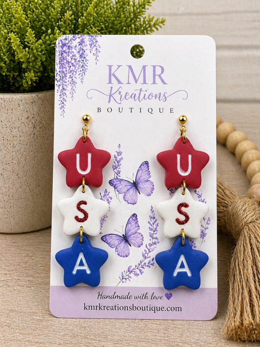 USA Star Dangle Earrings – Patriotic Clay Earrings | Red, White & Blue Handmade Jewelry