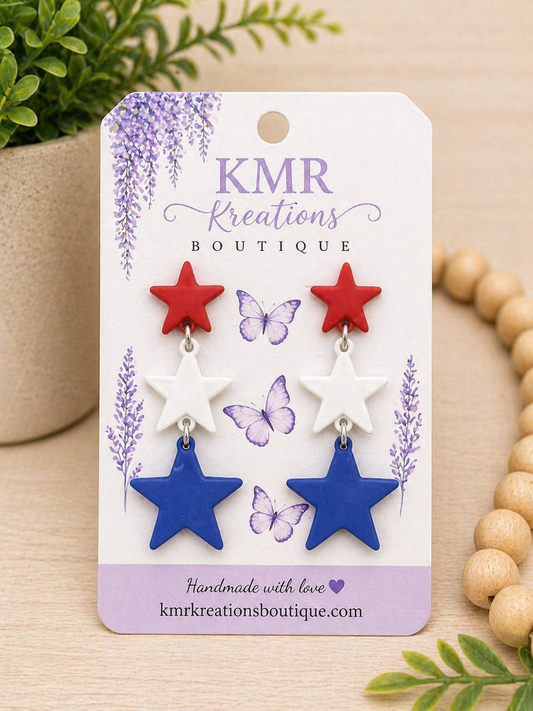 Patriotic Star Dangle Earrings – Red, White & Blue Clay | Lightweight Handmade Earrings