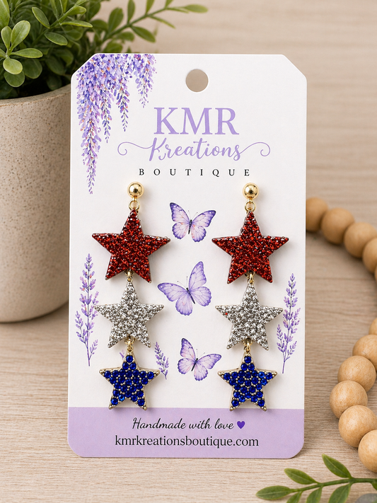 Patriotic Star Dangle Earrings – Red, Silver & Blue Glitter | Handmade Statement Earrings