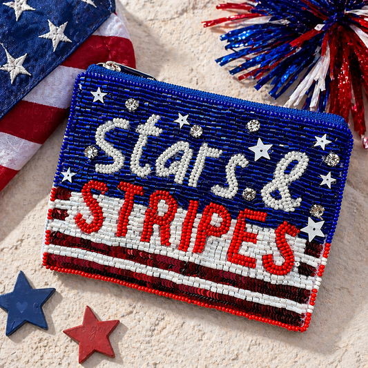 Stars & Stripes Beaded Coin Purse | Patriotic Red White Blue Zipper Pouch