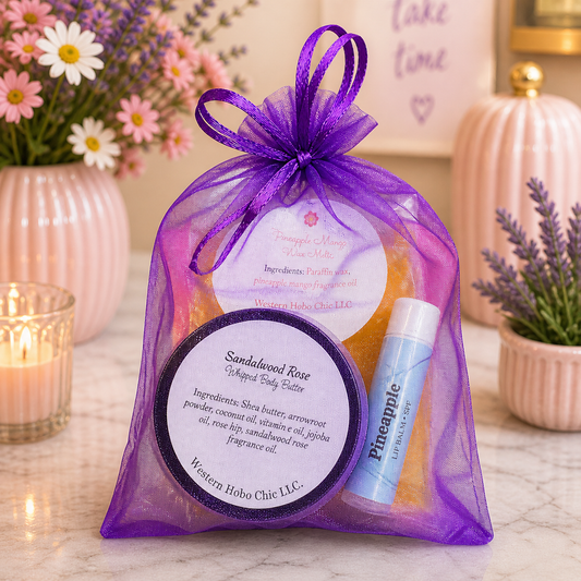Self-Care Gift Bag – Sandalwood Rose & Pineapple Spa Set | Body Butter, Lip Balm & Wax Melts