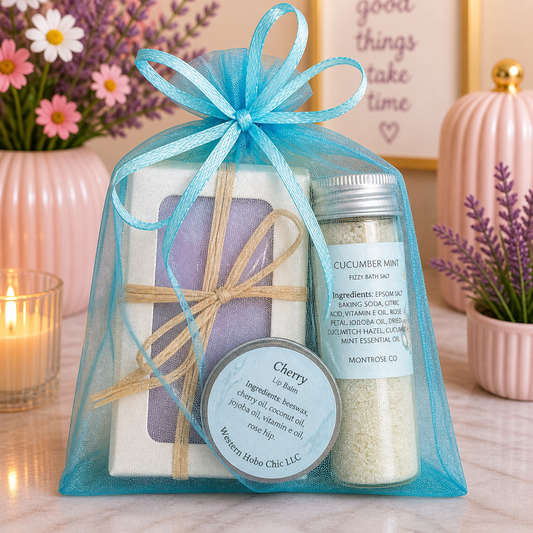 Self-Care Gift Bag – Spa Essentials Set | Soap, Bath Salts & Lip Balm Gift Set (Cucumber Mint + Cherry)