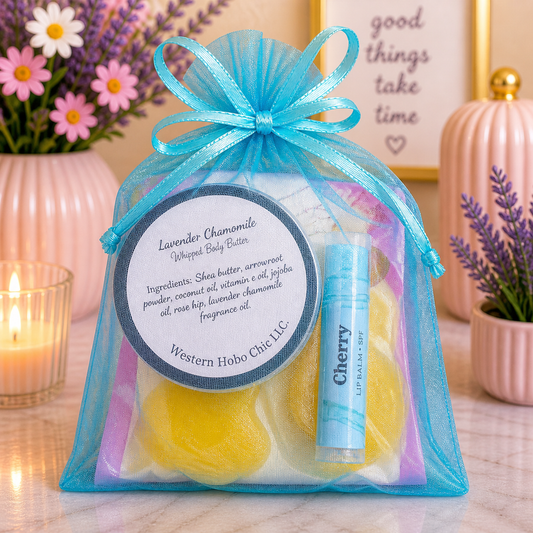 Self-Care Gift Bag – Lavender Chamomile Spa Set | Body Butter, Lip Balm & Wax Melts (Teal Bag)