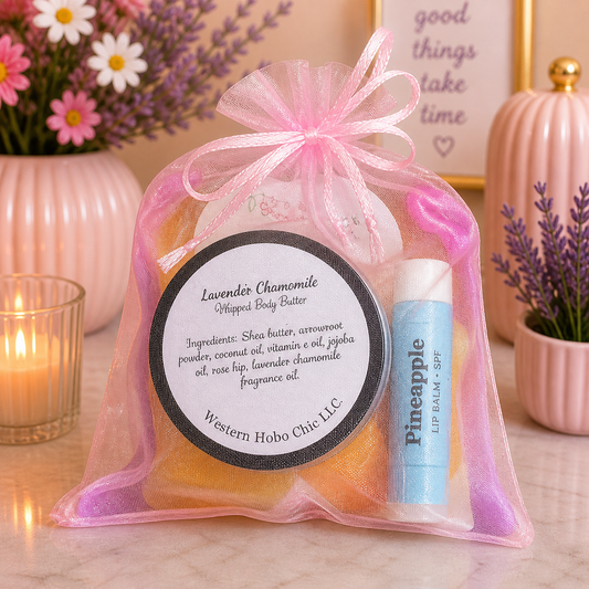 Self-Care Gift Bag – Lavender Chamomile Spa Set | Body Butter, Lip Balm & Wax Melts (Pink Bag)