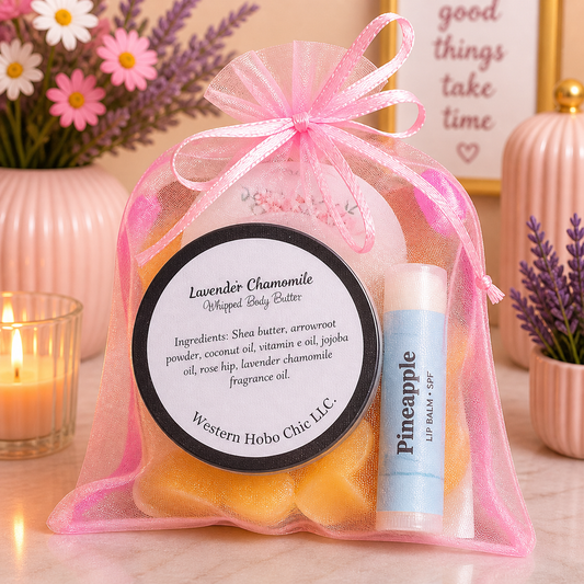 Self-Care Gift Bag – Lavender Chamomile Spa Set | Body Butter, Lip Balm & Wax Melts (Pink Organza Bag)