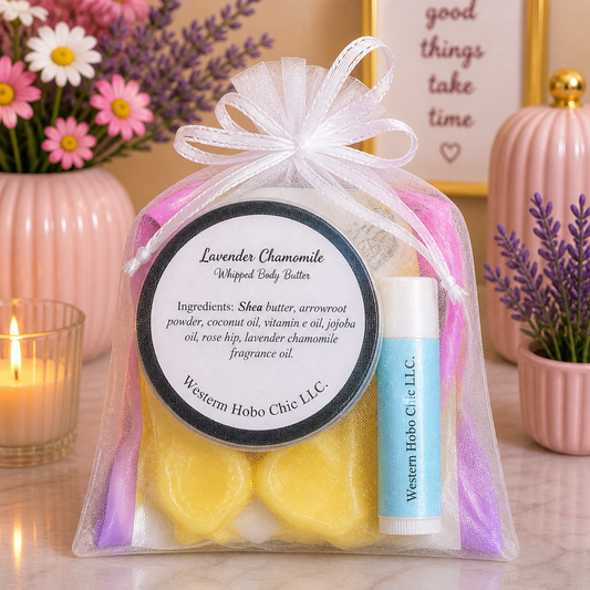 Self-Care Gift Bag – Lavender Chamomile Spa Set | Body Butter, Lip Balm & Wax Melts (White Organza Bag)