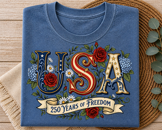 USA 250 Years of Freedom Graphic Tee – Denim Blue Patriotic Shirt