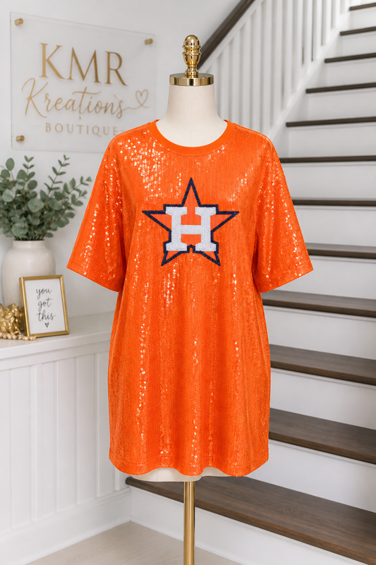 Astros-Inspired Orange Sequin T-Shirt Dress – Game Day Glam