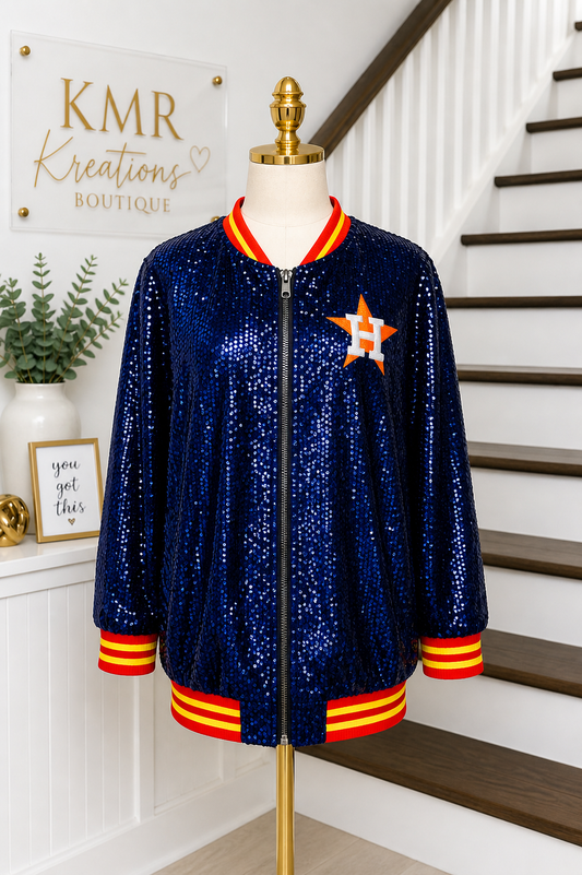 Astros-Inspired Navy Sequin Bomber Jacket – Game Day Glam
