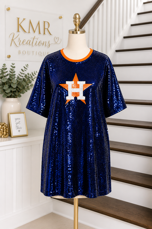 Astros-Inspired Navy Sequin T-Shirt Dress – Game Day Glam