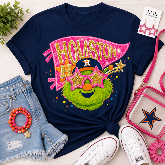Houston Glam Mascot Graphic Tee – Navy Shirt | Pink Glitter Houston Tee | Fun Game Day Boutique Shirt