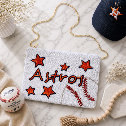 Beaded Game Day Clutch | Astros Stars & Stitch Purse | Baseball Inspired Bag