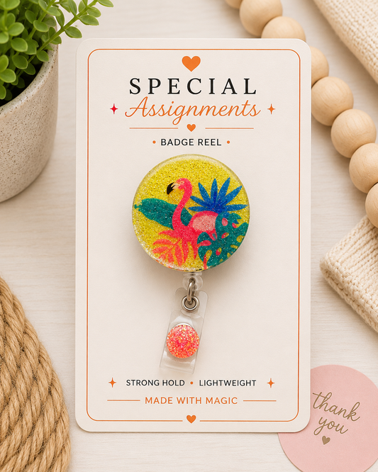 Tropical Flamingo Glitter Badge Reel – Retractable ID Holder