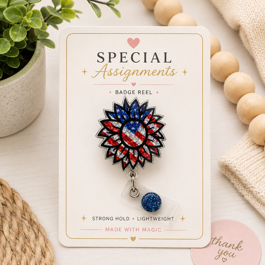 Patriotic Sunflower Badge Holder, Cute ID Holder, Gift for Nurse, Gift for Baseball fan