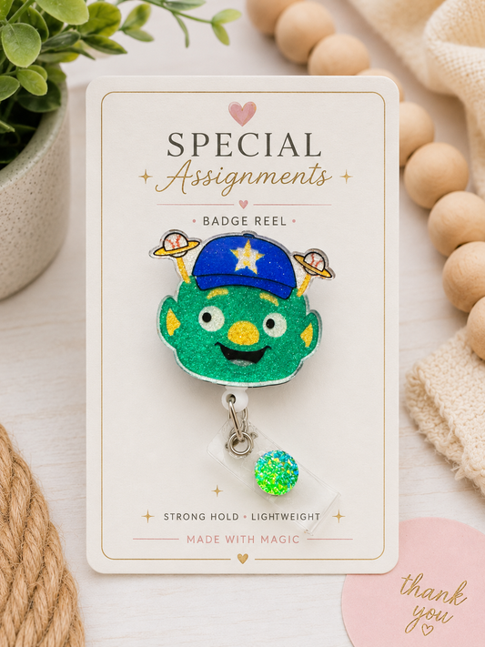 Space Alien Glitter Badge Reel – Retractable ID Holder