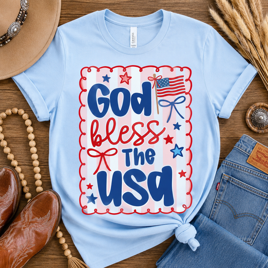 God Bless the USA Patriotic Graphic Tee | Americana Bow Shirt | Fourth of July Boutique Tee