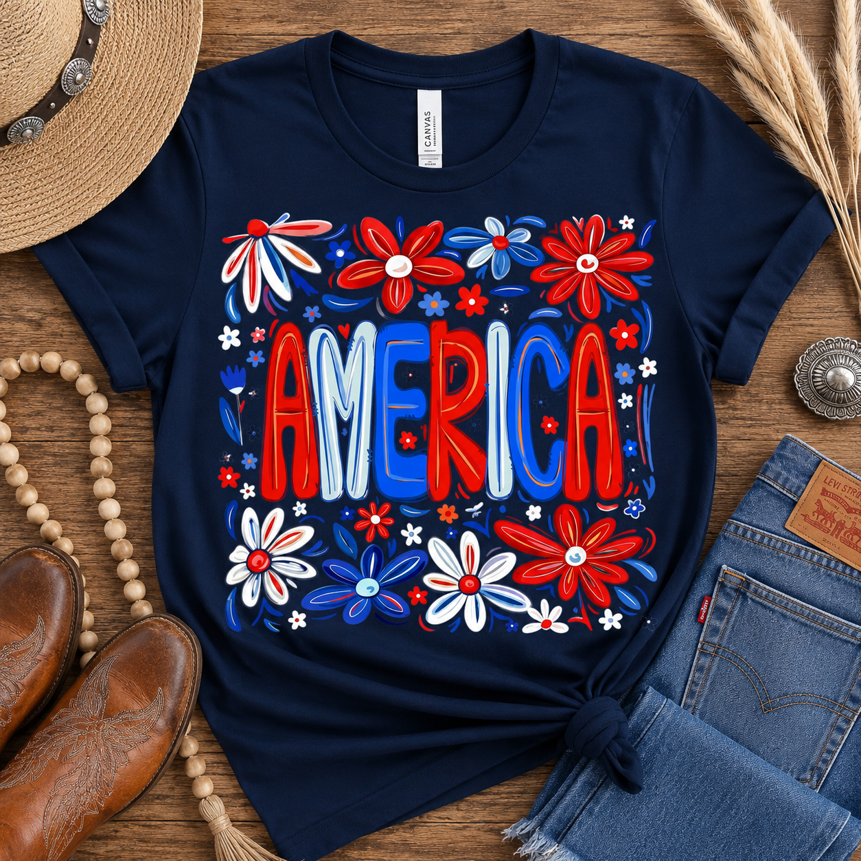 America Floral Patriotic Graphic Tee | Navy Americana Shirt | Red White & Blue Boutique Tee