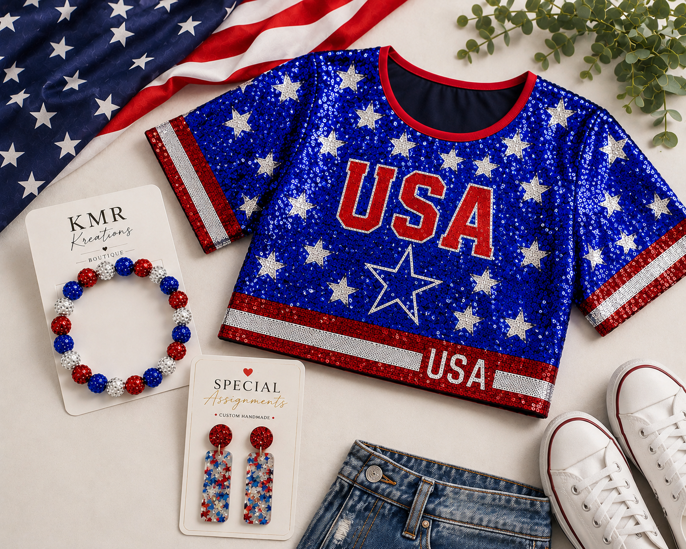 Patriotic USA Sequin Crop Top Bundle – Bracelet & Earrings Included