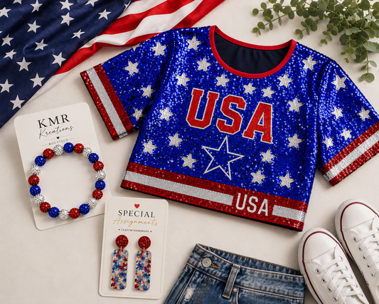 Patriotic USA Sequin Crop Top Bundle – Bracelet & Earrings Included
