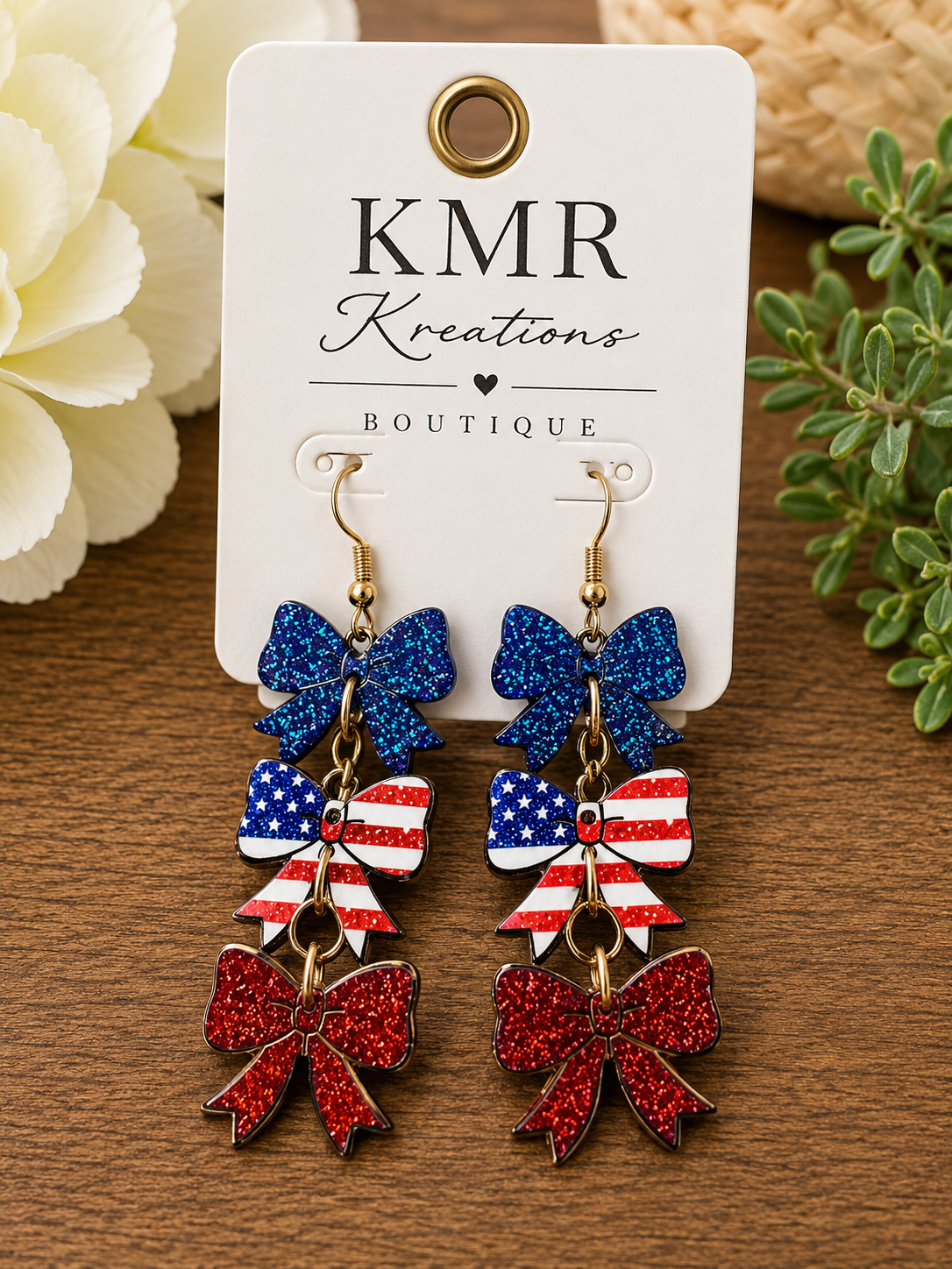 Patriotic Triple Bow Dangle Earrings