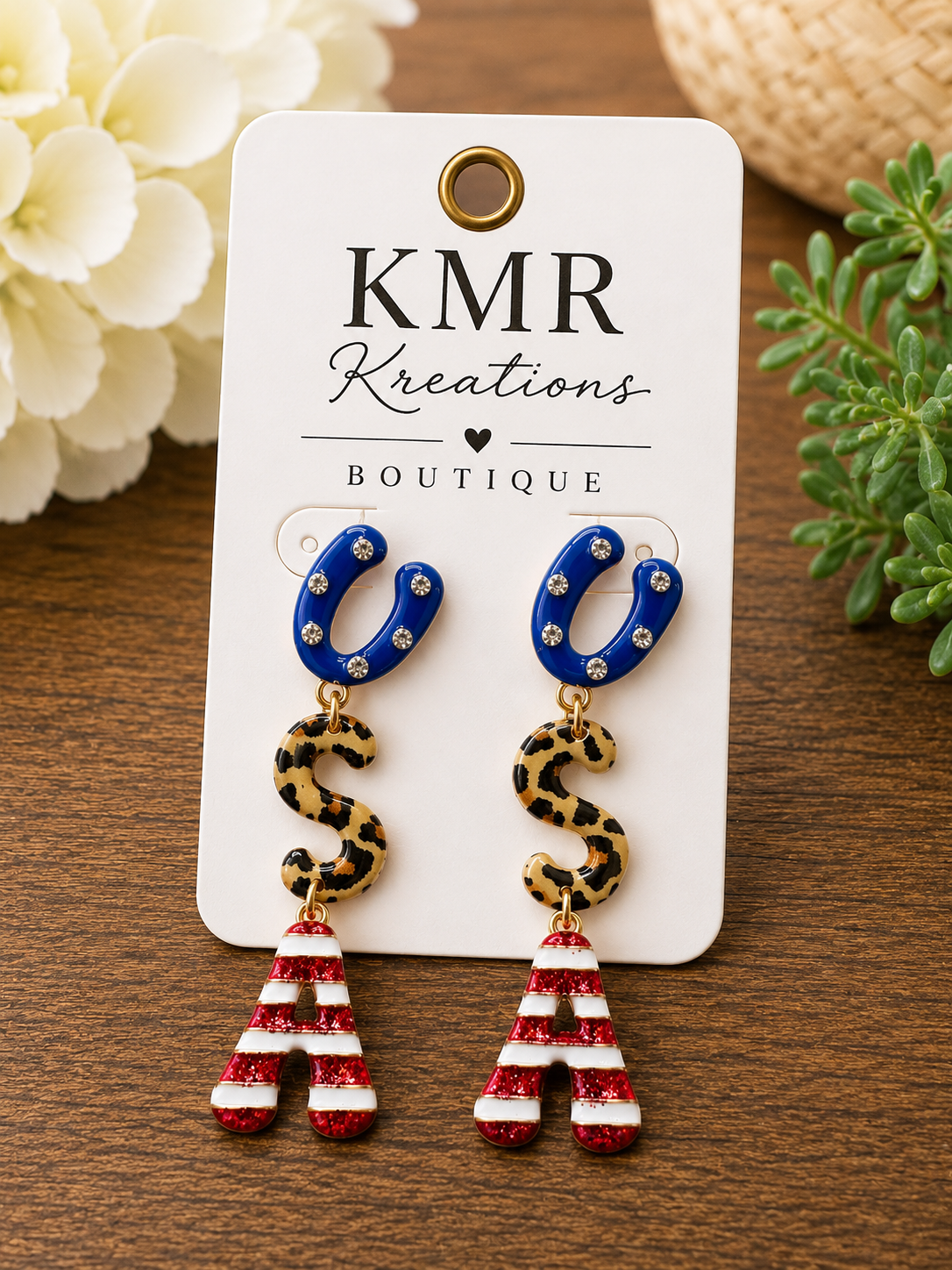 Patriotic Leopard Initial “A” Statement Earrings