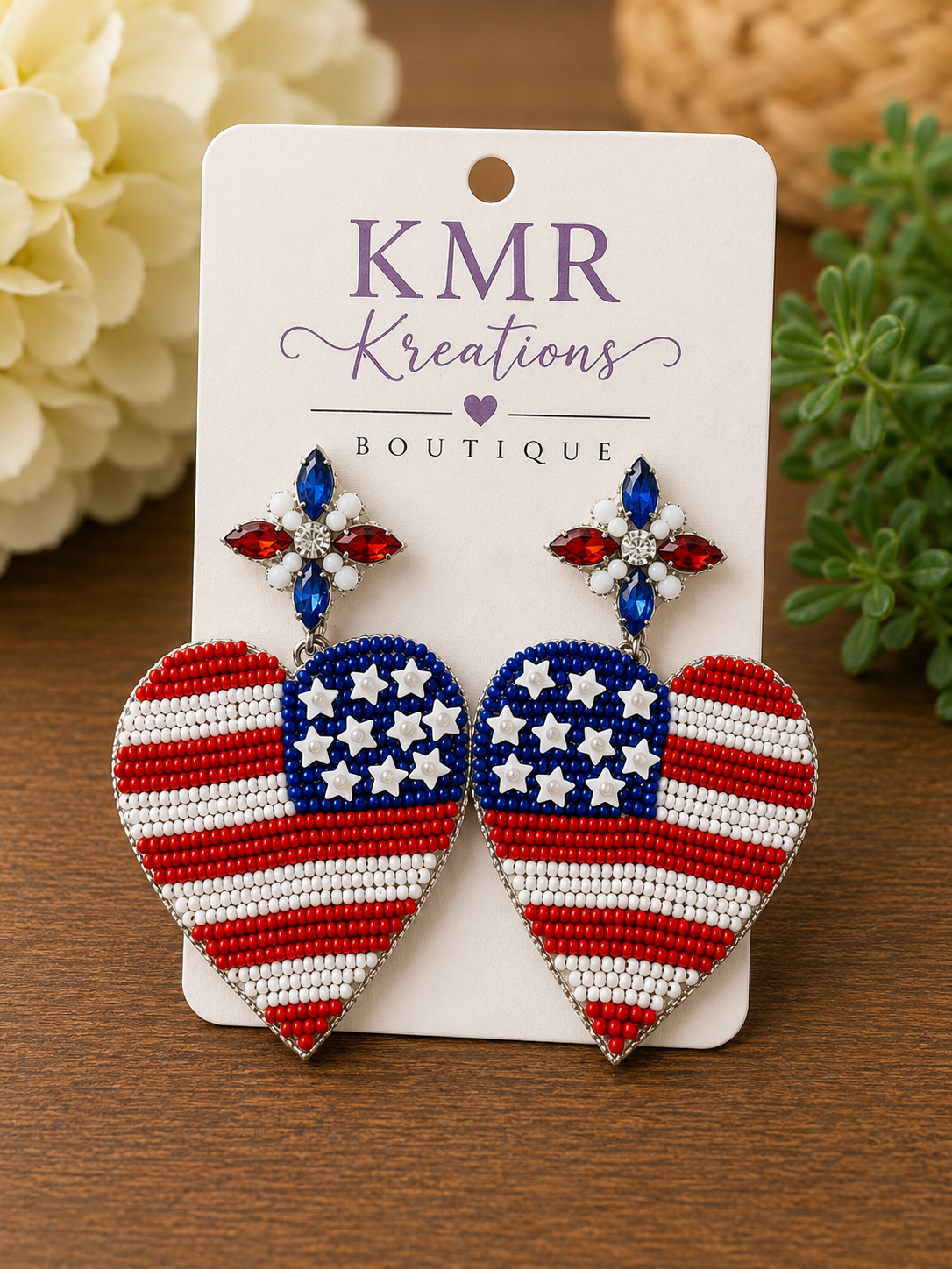 Patriotic Beaded Heart Earrings – American Flag Statement Earrings | Red, White & Blue Jewelry