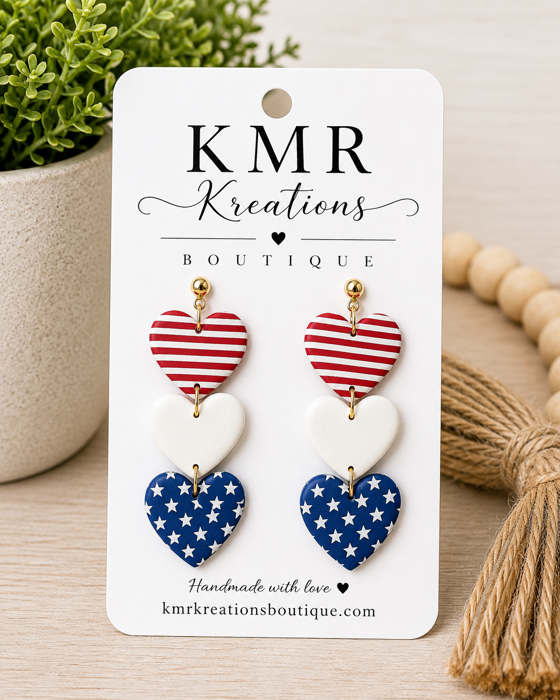 Patriotic Triple Heart Dangle Earrings