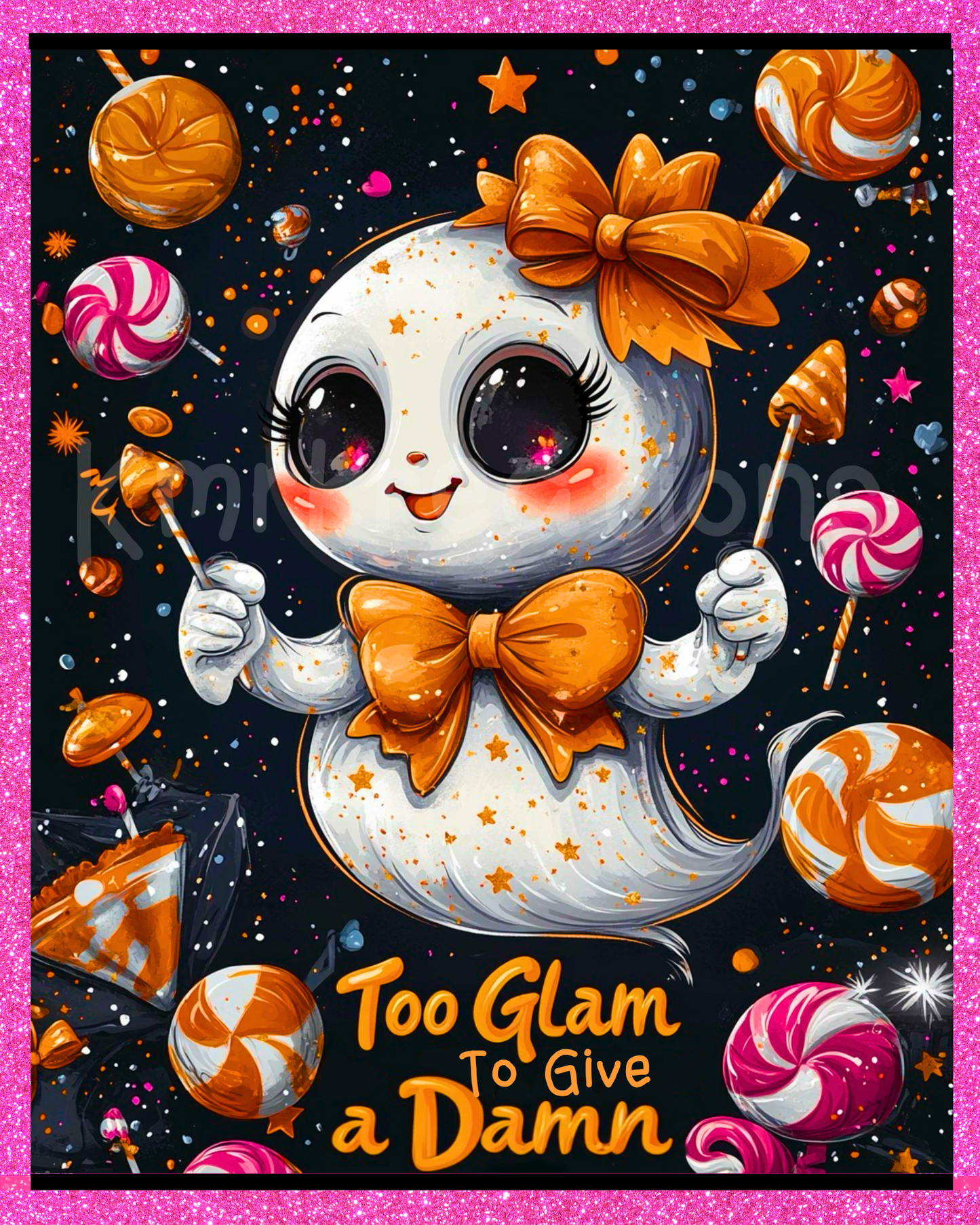 Too Glam to Give a Damn Halloween Sign – Candy Ghost with Orange Bows – Pink Glitter Frame by KMR Kreations Boutique