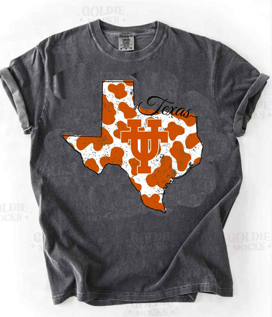 Texas Pride Tee – Burnt Orange Cow Print State Shirt