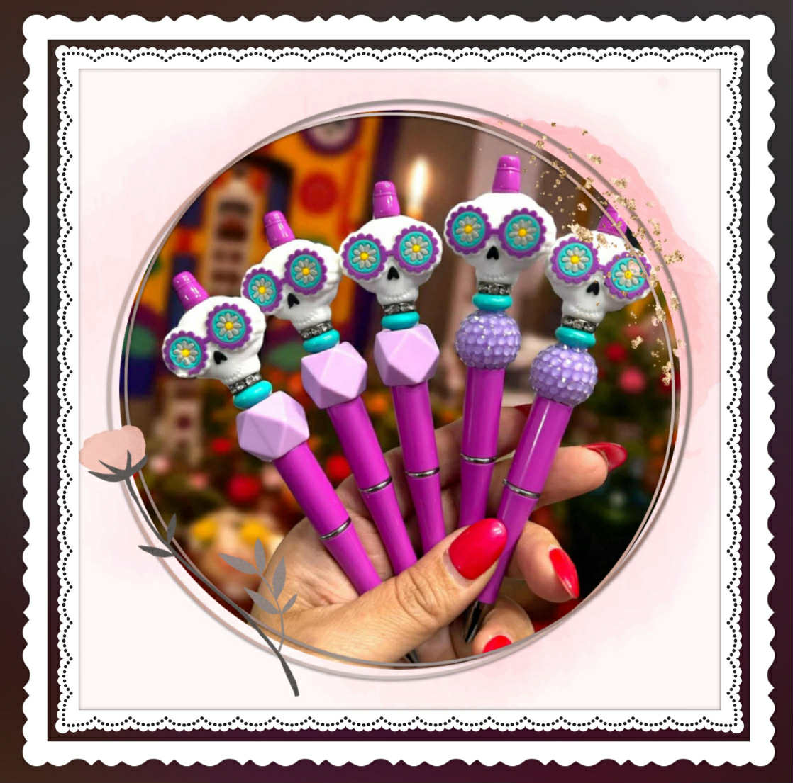 Sugar skull pens, Day of the Dead pens, Dia de los Muertos stationery, Fiesta party favors
Cute skull pens, Halloween pens
Colorful skull pens