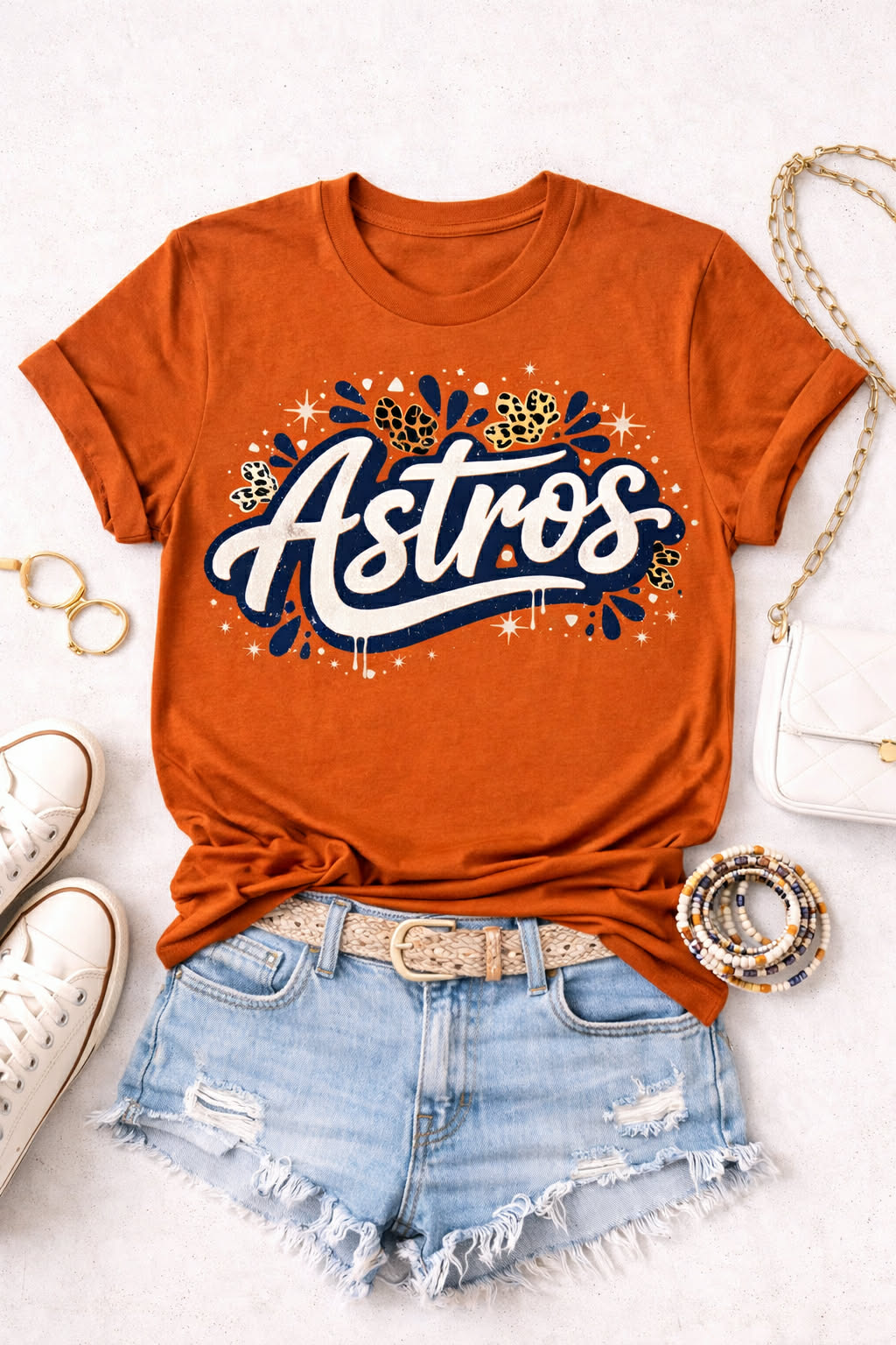 Astros Leopard Script Graphic Tee – Burnt Orange Game Day Shirt