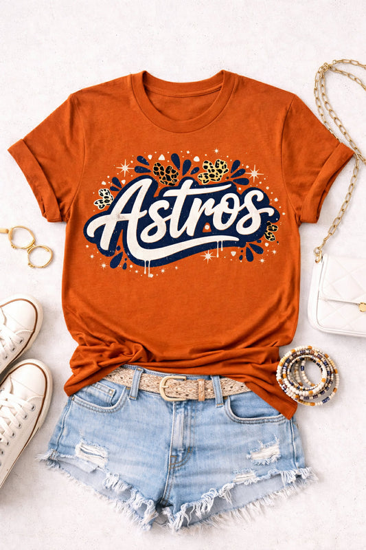 Astros Leopard Script Graphic Tee – Burnt Orange Game Day Shirt
